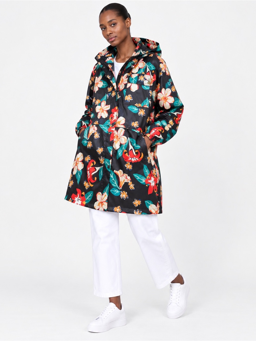 Zara Floral Hooded Raincoat Jacket - Black Floral xs